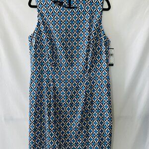 NWT ABC Womens Blue White 93 Print Stretch Twill Sleeveless Sheath Dress Size 16
